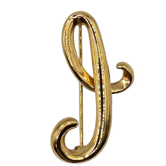 VTG Signed Anne Klein Brooch Gold Tone Monogram Initial Script Letter "J" Pin - Picture 1 of 9